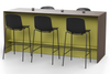 Skanfor Collaborative Breakfast Bar, alternate angled view, walnut wood external, olive green internal, double-sided bar, additional bar stools and modesty screen.
