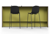 Skanfor Collaborative Breakfast Bar, front view showing the bar stools, ebony wood external, olive green internal, double-sided bar.
