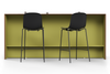 Skanfor Collaborative Breakfast Bar, front view showing the bar stools, oak wood external, olive green internal, double-sided bar.