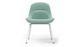 Bloom ergonomic office chair by Quell Design — pastel aqua upholstered contoured seat with linen-velvet and eco PU panels, mounted on slender black steel legs with subtle wraparound support structure. Elegant and sculptural, the chair adds refined comfort and modern design to contemporary interiors.