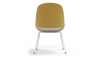 Bloom ergonomic office chair by Quell Design — yellow upholstered contoured seat with linen-velvet and eco PU panels, mounted on slender black steel legs with subtle wraparound support structure. Elegant and sculptural, the chair adds refined comfort and modern design to contemporary interiors.