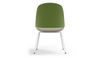 Bloom ergonomic office chair by Quell Design — green upholstered contoured seat with linen-velvet and eco PU panels, mounted on slender black steel legs with subtle wraparound support structure. Elegant and sculptural, the chair adds refined comfort and modern design to contemporary interiors.