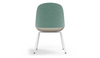 Bloom ergonomic office chair by Quell Design — pastel aqua upholstered contoured seat with linen-velvet and eco PU panels, mounted on slender black steel legs with subtle wraparound support structure. Elegant and sculptural, the chair adds refined comfort and modern design to contemporary interiors.