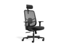 Fokus High Comfort Task Chair with black frame on a white background. This ergonomic high-back chair features a height-adjustable headrest, mesh backrest with lumbar support, fabric seat with moulded foam, height-adjustable PU armrests, G015-13 synchron mechanism with three locking positions, gas lift, nylon base, and PU castors, offering durable and comfortable office seating.
