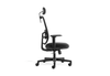 Fokus High Comfort Task Chair with black frame on a white background. This ergonomic high-back chair features a height-adjustable headrest, mesh backrest with lumbar support, fabric seat with moulded foam, height-adjustable PU armrests, G015-13 synchron mechanism with three locking positions, gas lift, nylon base, and PU castors, offering durable and comfortable office seating.