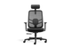 Fokus High Comfort Task Chair with black frame on a white background. This ergonomic high-back chair features a height-adjustable headrest, mesh backrest with lumbar support, fabric seat with moulded foam, height-adjustable PU armrests, G015-13 synchron mechanism with three locking positions, gas lift, nylon base, and PU castors, offering durable and comfortable office seating.