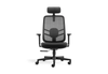 Fokus High Comfort Task Chair with black frame on a white background. This ergonomic high-back chair features a height-adjustable headrest, mesh backrest with lumbar support, fabric seat with moulded foam, height-adjustable PU armrests, G015-13 synchron mechanism with three locking positions, gas lift, nylon base, and PU castors, offering durable and comfortable office seating.