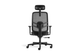 Fokus High Comfort Task Chair with black frame on a white background. This ergonomic high-back chair features a height-adjustable headrest, mesh backrest with lumbar support, fabric seat with moulded foam, height-adjustable PU armrests, G015-13 synchron mechanism with three locking positions, gas lift, nylon base, and PU castors, offering durable and comfortable office seating.