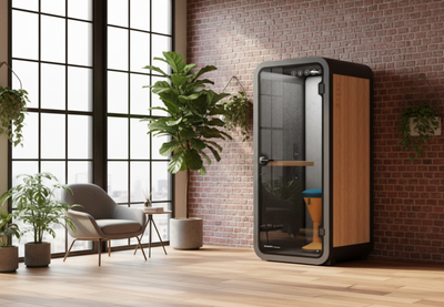 Modern office phone booth paired with the Joy Stool by Quell Design in a stylish open-plan workspace featuring exposed brick walls, wooden floors, large windows, and lush greenery. The Joy Stool, inspired by the shape of a cocktail glass, adds a sculptural yet functional touch with its cushioned polyurethane foam seat, adjustable height, and non-slip base. Together, they create an ergonomic, contemporary setup ideal for acoustic privacy, flexible working, and sustainable modern office design.