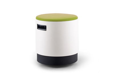 Ikon Rounded Comfort Stool in green shown on a clean white background, featuring a fabric seat, white rounded plastic shell and PP engineered plastic base. Modern ergonomic stool designed for contemporary offices, collaborative spaces and commercial interiors.