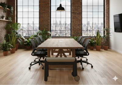 A minimalist meeting room with exposed brick walls, large arched windows overlooking a city skyline, and wooden flooring. Lush green plants are arranged around the room and on shelves. A long wooden table is surrounded by several office chairs. At the head of the table, a modern, minimalist bench with wheels and a power cable is positioned, making it a subtle focal point.