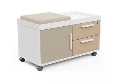 Moda Mobile Storage Cabinet on a white background, featuring a two-drawer one-door design with E0-grade particleboard, melamine finish, PVC edge banding, upholstered fabric door panel, smooth slide rails, damping hinges, ABS handles and nylon caster wheels; modern mobile office storage cabinet engineered for durable, flexible and space-efficient workspace organisation. 