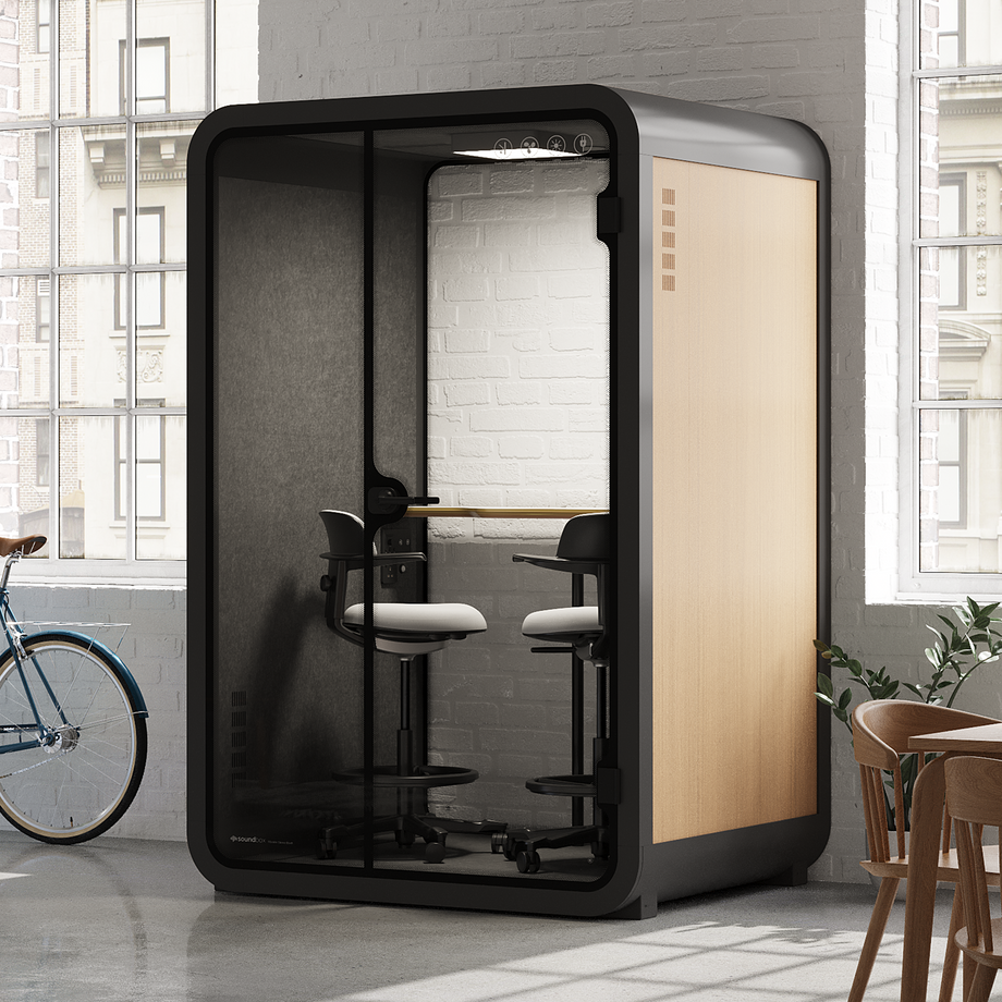 Toimistopuhelinosasto Quell - 2 henkilöäWooden / Dark Gray / Dual Zoom Room + Device Shelf + 2 Barstools