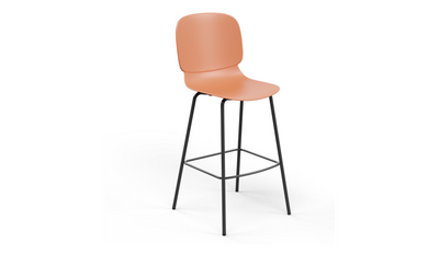 Aarhus counter stool front angled view product shot on white background, modern seating for contemporary areas, offices, and workspaces, coral colour.