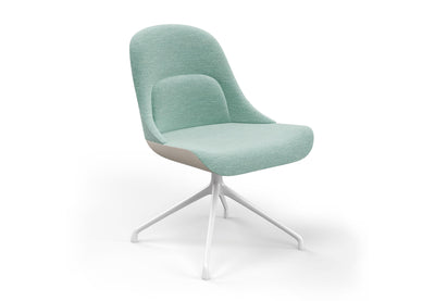 Bloom Chair by Quell Design – a modern Scandinavian-style chair in soft pastel aqua with a smooth contoured seat upholstered in linen-velvet and eco PU panels. Supported by a sleek black Eiffel-style steel base, this elegant and comfortable chair brings a touch of colour and minimalist sophistication to contemporary interiors, perfect for hospitality, dining, or office settings.